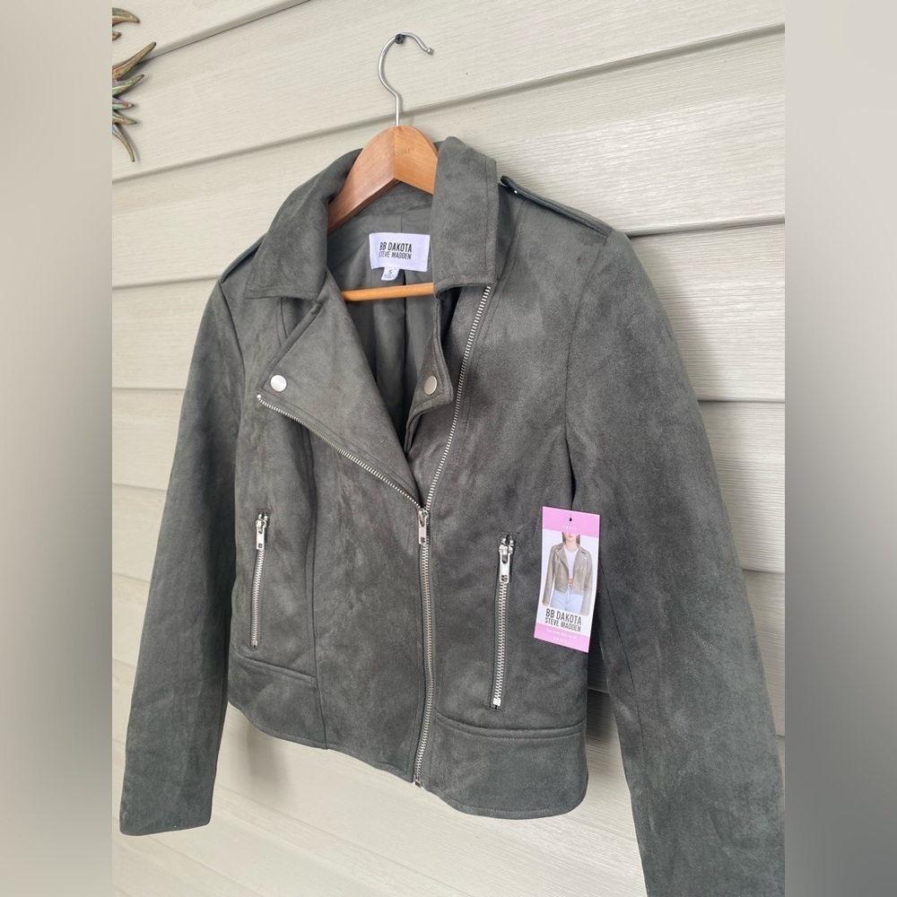 BB DAKOTA STEVE MADDEN green Faux Suede Moto Jacket biker streetwear sz S NWT